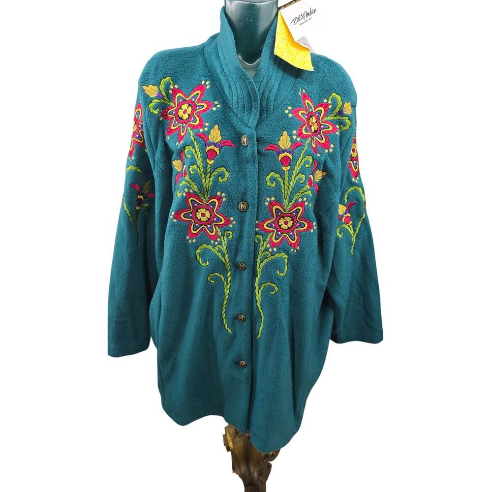 NWT Bob Mackie Wearable Art Floral Embroidered Teal Fleece Jacket 3X Maximalist